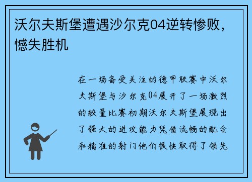 沃尔夫斯堡遭遇沙尔克04逆转惨败，憾失胜机