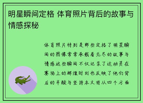明星瞬间定格 体育照片背后的故事与情感探秘