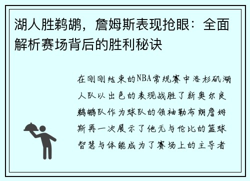 湖人胜鹈鹕，詹姆斯表现抢眼：全面解析赛场背后的胜利秘诀