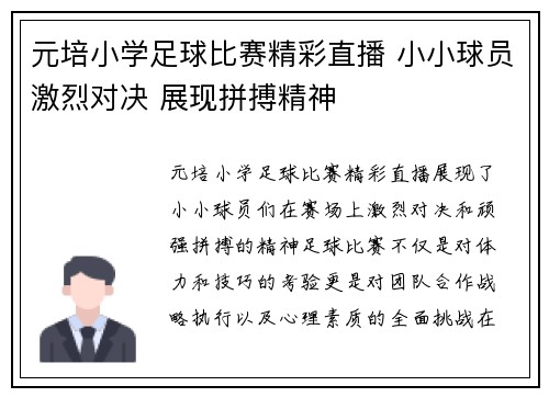 元培小学足球比赛精彩直播 小小球员激烈对决 展现拼搏精神