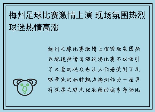 梅州足球比赛激情上演 现场氛围热烈球迷热情高涨